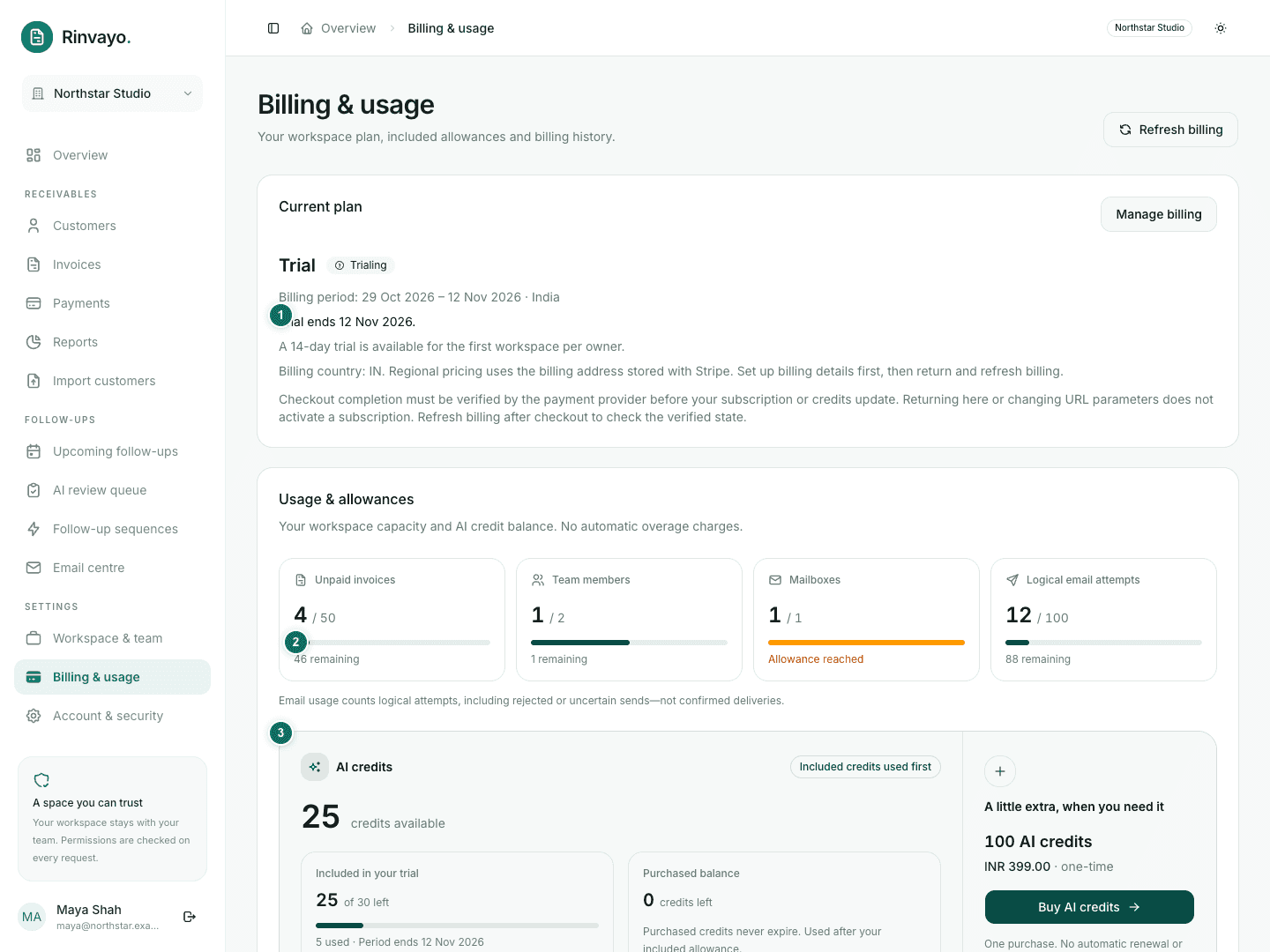 Trial workspace billing page with plan, usage and AI credit balances marked