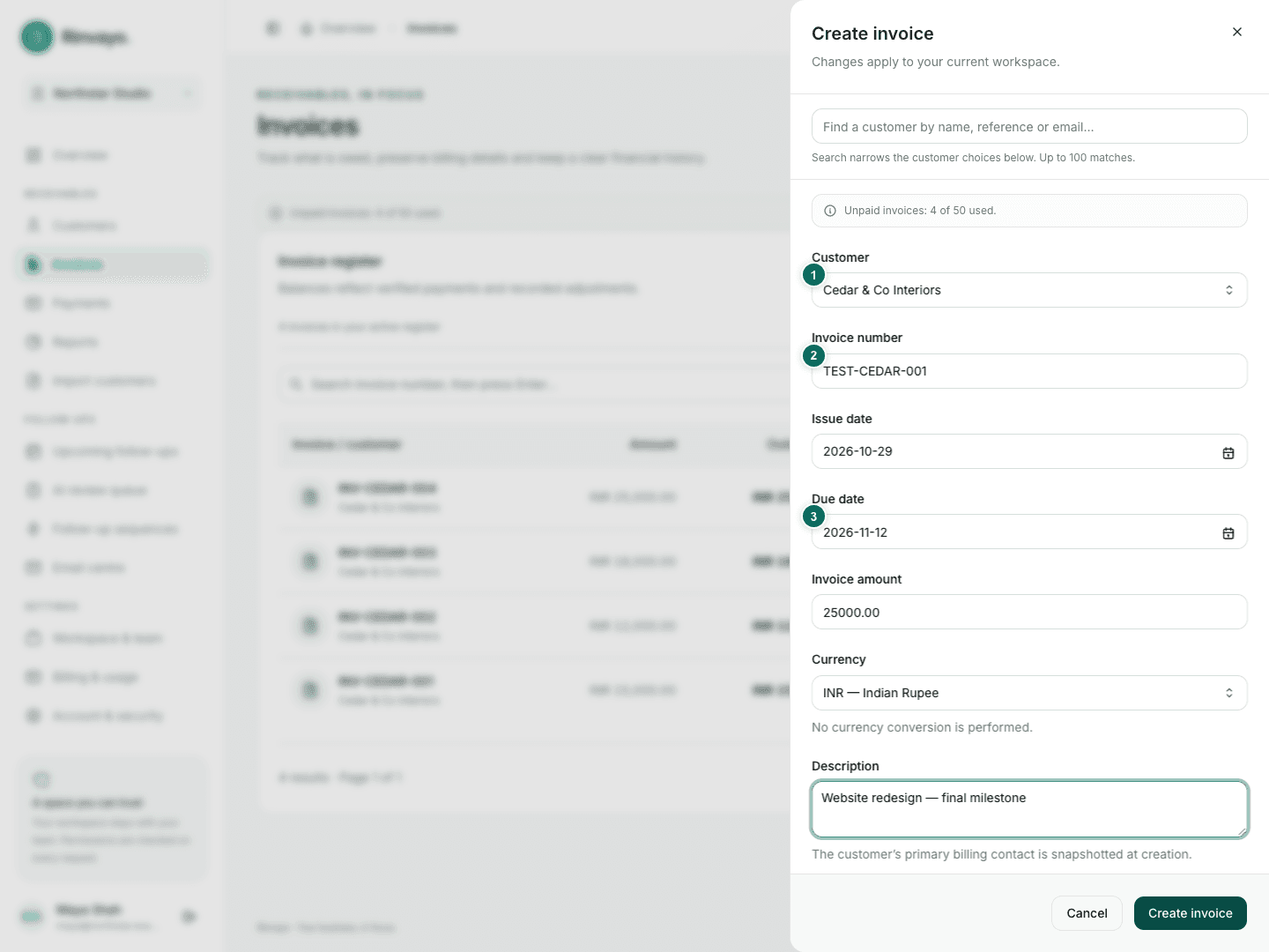 Create invoice form filled with Cedar customer and INR 25,000 invoice details