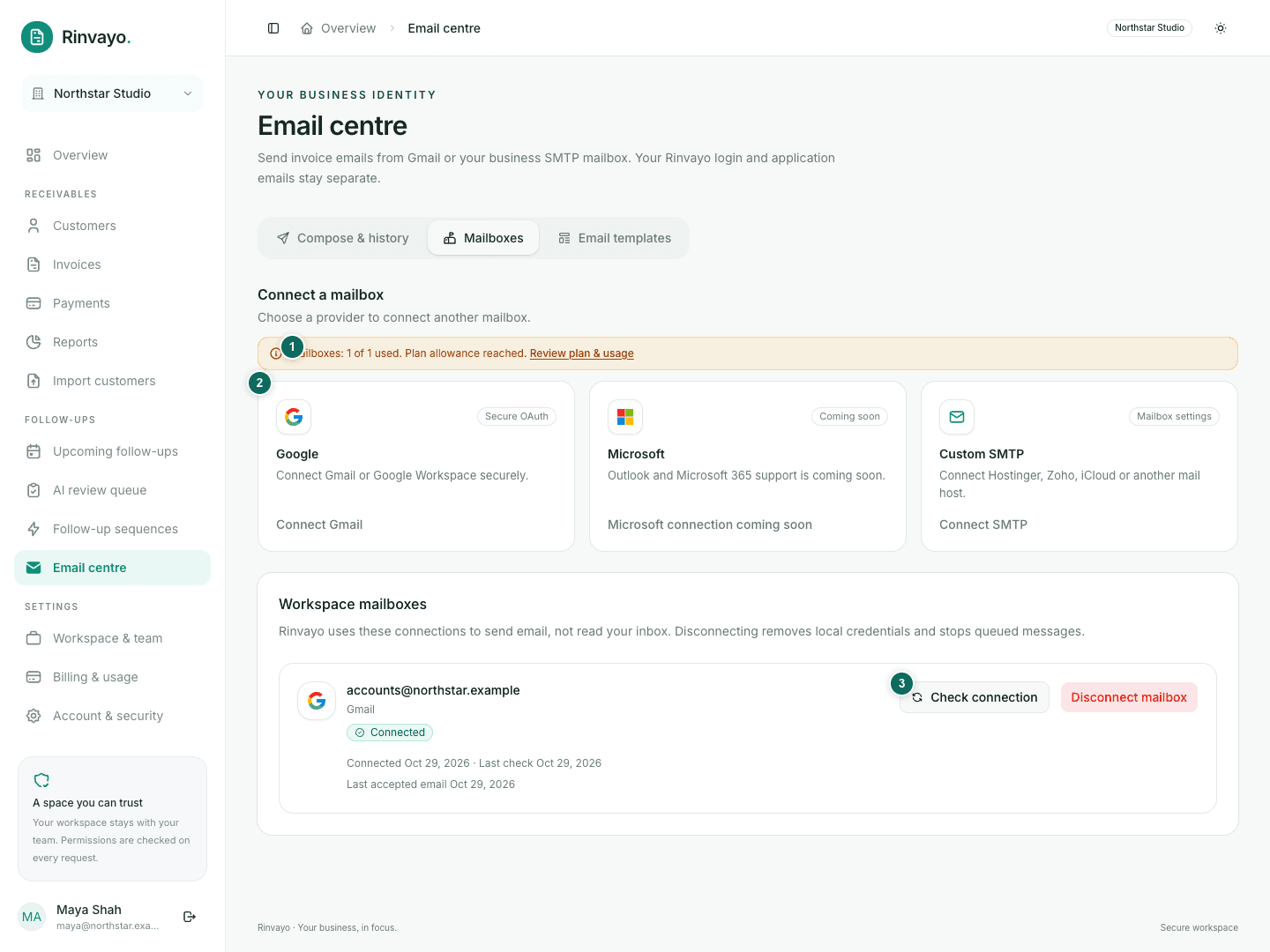 Trial mailbox allowance reached with new connection cards disabled and existing connection controls available