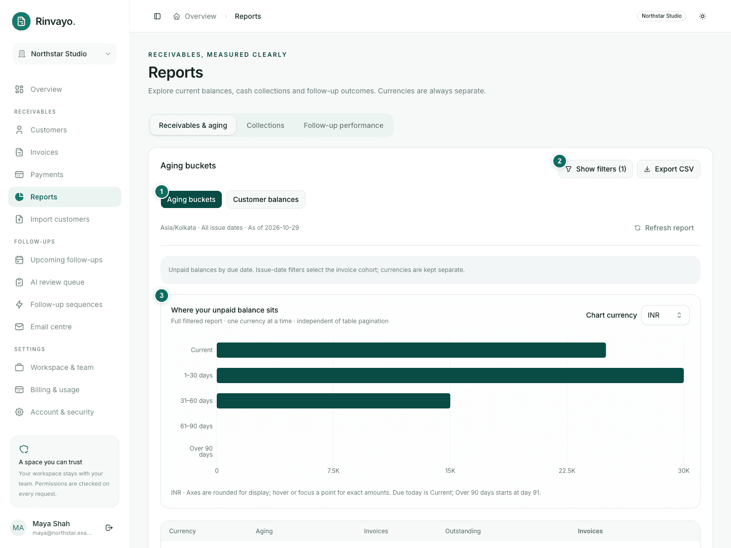 Receivables report with report selection, filters and currency-specific aging chart marked
