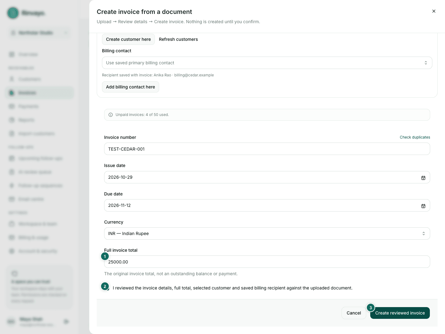 Correct invoice fields and explicit reviewed-invoice confirmation with final create action marked