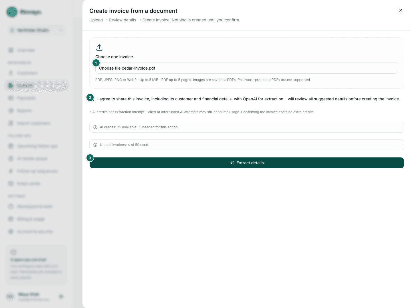 Invoice document selected with explicit AI-sharing consent and extraction action marked