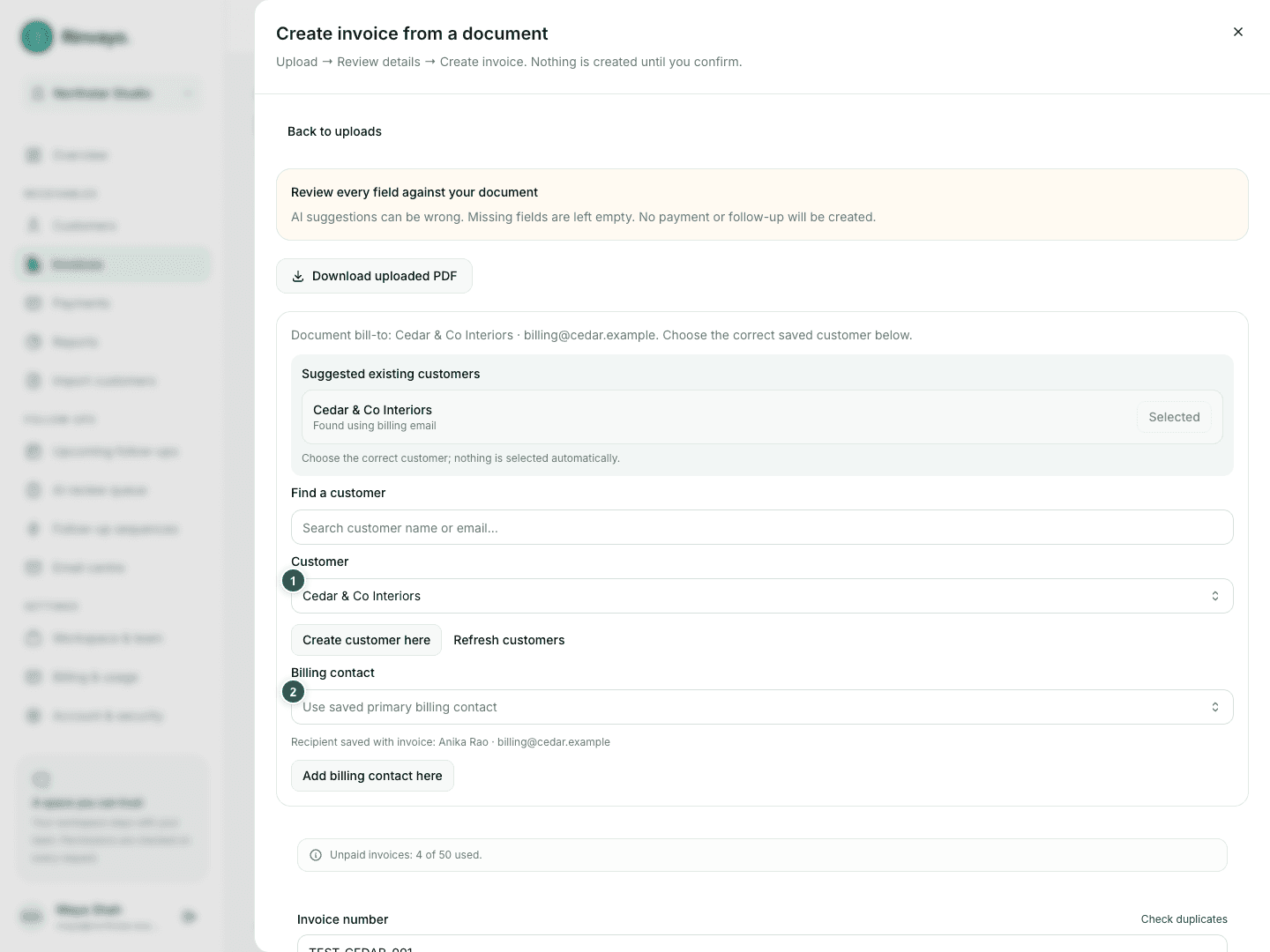 Extracted invoice review with Cedar customer, saved contact and editable invoice details highlighted